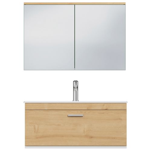 Meuble 1 Vasque Encastrée 90 Cm + Miroir Armoire 1 Tiroir Chêne Clair Salle De Bain - Rubite