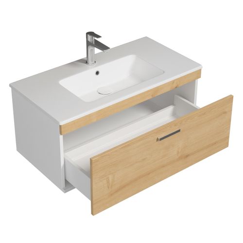 Meuble 1 Vasque Encastrée 90 Cm 1 Tiroir Chêne Clair Salle De Bain - Rubite