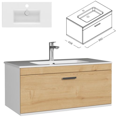 Meuble 1 Vasque Encastrée 90 Cm 1 Tiroir Chêne Clair Salle De Bain - Rubite