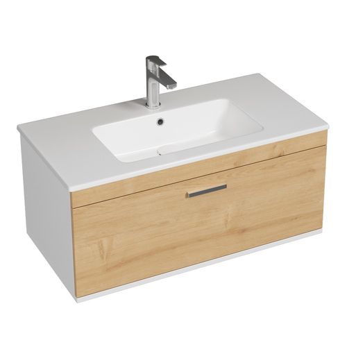 Meuble 1 Vasque Encastrée 90 Cm 1 Tiroir Chêne Clair Salle De Bain - Rubite