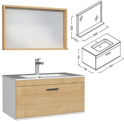 Meuble 1 Vasque Encastrée 80 Cm + Miroir Cadre 1 Tiroir Chêne Clair Salle De Bain - Rubite