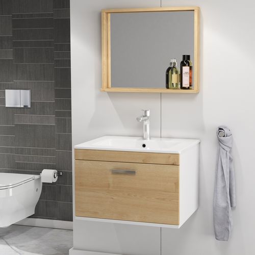 Meuble 1 Vasque Encastrée 80 Cm + Miroir Cadre 1 Tiroir Chêne Clair Salle De Bain - Rubite