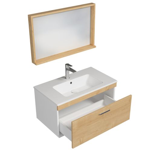 Meuble 1 Vasque Encastrée 80 Cm + Miroir Cadre 1 Tiroir Chêne Clair Salle De Bain - Rubite