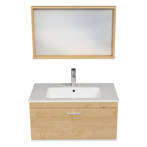 Meuble 1 Vasque Encastrée 80 Cm + Miroir Cadre 1 Tiroir Chêne Clair Salle De Bain - Rubite