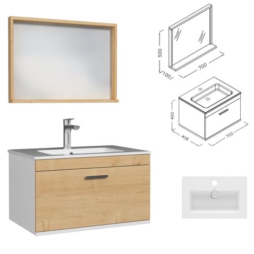 Meuble 1 Vasque Encastrée 70 Cm + Miroir Cadre 1 Tiroir Chêne Clair Salle De Bain - Rubite