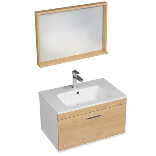 Meuble 1 Vasque Encastrée 70 Cm + Miroir Cadre 1 Tiroir Chêne Clair Salle De Bain - Rubite