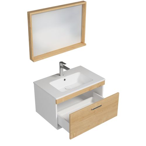 Meuble 1 Vasque Encastrée 70 Cm + Miroir Cadre 1 Tiroir Chêne Clair Salle De Bain - Rubite