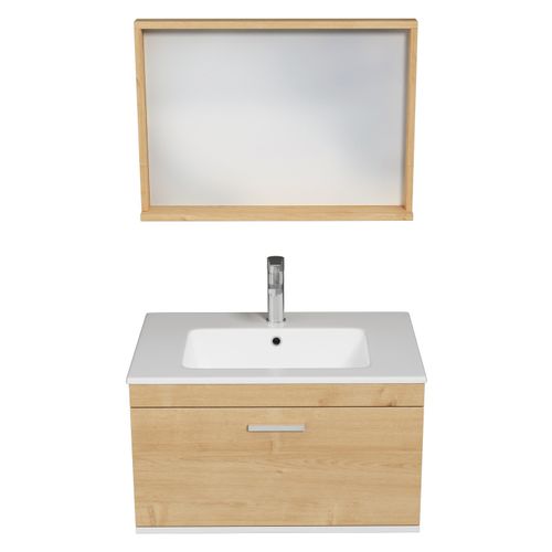 Meuble 1 Vasque Encastrée 70 Cm + Miroir Cadre 1 Tiroir Chêne Clair Salle De Bain - Rubite