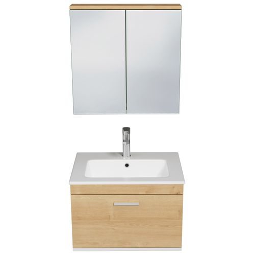 Meuble 1 Vasque Encastrée 60 Cm + Miroir Armoire 1 Tiroir Chêne Clair Salle De Bain - Rubite