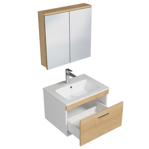 Meuble 1 Vasque Encastrée 60 Cm + Miroir Armoire 1 Tiroir Chêne Clair Salle De Bain - Rubite