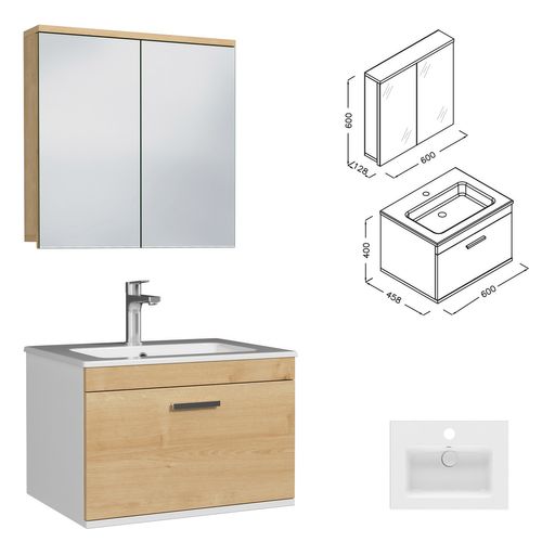 Meuble 1 Vasque Encastrée 60 Cm + Miroir Armoire 1 Tiroir Chêne Clair Salle De Bain - Rubite