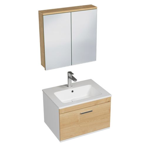 Meuble 1 Vasque Encastrée 60 Cm + Miroir Armoire 1 Tiroir Chêne Clair Salle De Bain - Rubite