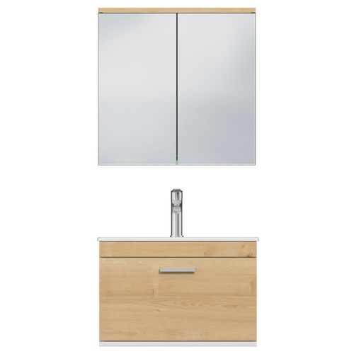 Meuble 1 Vasque Encastrée 60 Cm + Miroir Armoire 1 Tiroir Chêne Clair Salle De Bain - Rubite