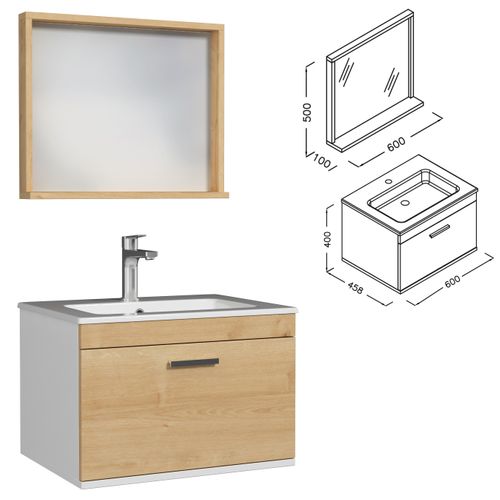 Meuble 1 Vasque Encastrée 60 Cm + Miroir Cadre 1 Tiroir Chêne Clair Salle De Bain - Rubite
