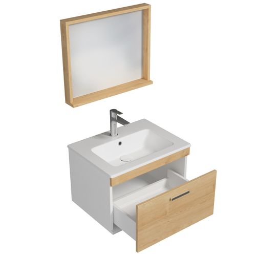Meuble 1 Vasque Encastrée 60 Cm + Miroir Cadre 1 Tiroir Chêne Clair Salle De Bain - Rubite