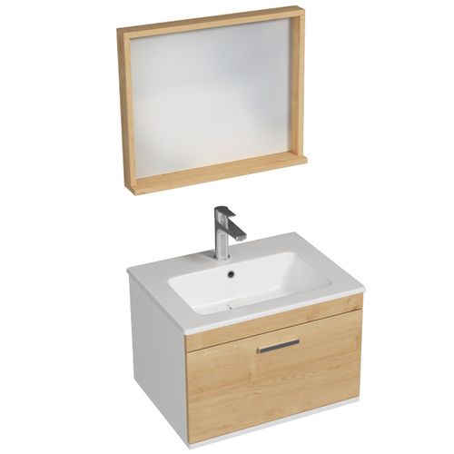Meuble 1 Vasque Encastrée 60 Cm + Miroir Cadre 1 Tiroir Chêne Clair Salle De Bain - Rubite