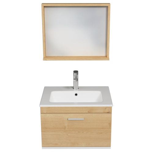 Meuble 1 Vasque Encastrée 60 Cm + Miroir Cadre 1 Tiroir Chêne Clair Salle De Bain - Rubite
