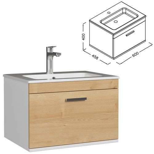 Meuble 1 Vasque Encastrée 60 Cm 1 Tiroir Chêne Clair Salle De Bain - Rubite