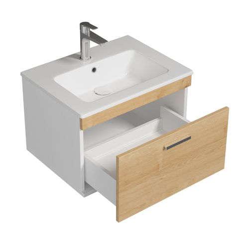 Meuble 1 Vasque Encastrée 60 Cm 1 Tiroir Chêne Clair Salle De Bain - Rubite