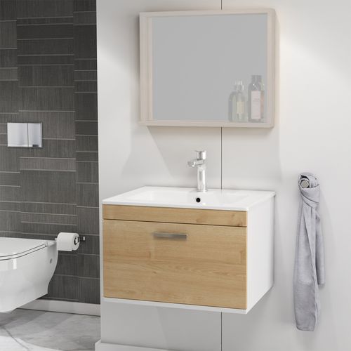 Meuble 1 Vasque Encastrée 60 Cm 1 Tiroir Chêne Clair Salle De Bain - Rubite