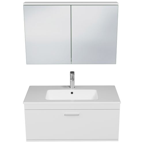 Meuble 1 Vasque Encastrée 100 Cm + Miroir Armoire 1 Tiroir Blanc Salle De Bain - Rubite