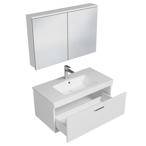 Meuble 1 Vasque Encastrée 100 Cm + Miroir Armoire 1 Tiroir Blanc Salle De Bain - Rubite