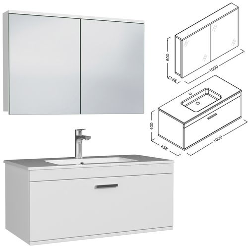 Meuble 1 Vasque Encastrée 100 Cm + Miroir Armoire 1 Tiroir Blanc Salle De Bain - Rubite