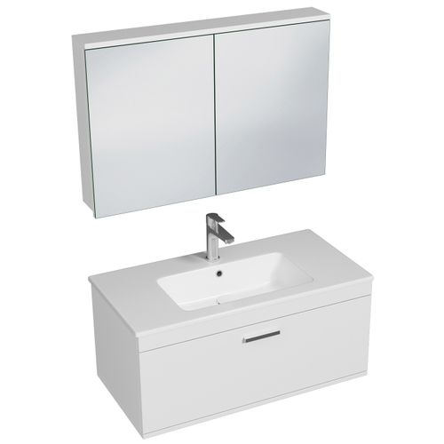 Meuble 1 Vasque Encastrée 100 Cm + Miroir Armoire 1 Tiroir Blanc Salle De Bain - Rubite