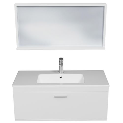 Meuble 1 Vasque Encastrée 100 Cm + Miroir Cadre 1 Tiroir Blanc Salle De Bain - Rubite