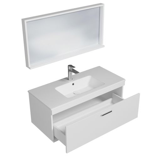 Meuble 1 Vasque Encastrée 100 Cm + Miroir Cadre 1 Tiroir Blanc Salle De Bain - Rubite