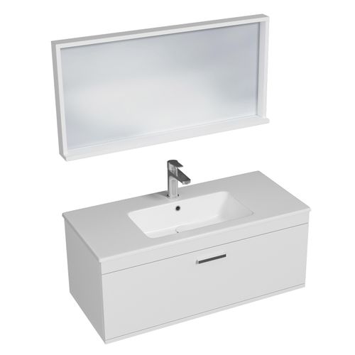 Meuble 1 Vasque Encastrée 100 Cm + Miroir Cadre 1 Tiroir Blanc Salle De Bain - Rubite