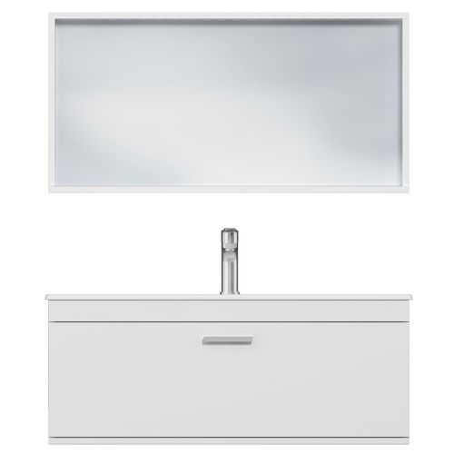 Meuble 1 Vasque Encastrée 100 Cm + Miroir Cadre 1 Tiroir Blanc Salle De Bain - Rubite