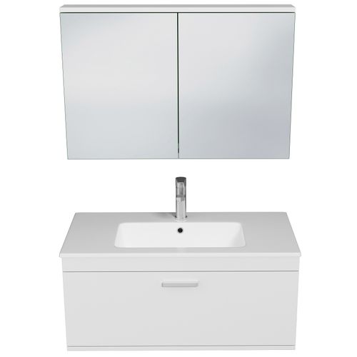 Meuble 1 Vasque Encastrée 90 Cm + Miroir Armoire 1 Tiroir Blanc Salle De Bain - Rubite