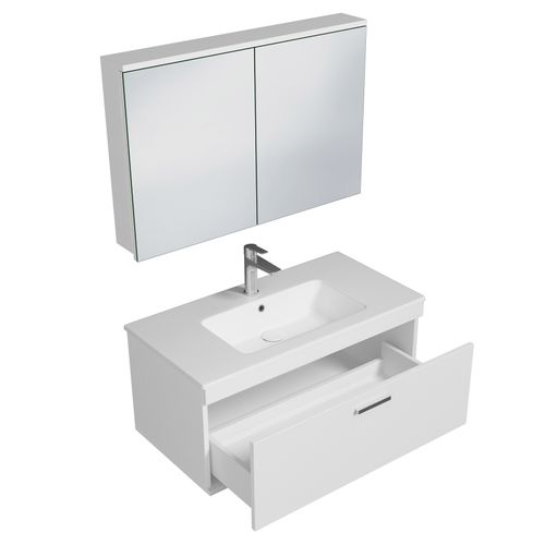 Meuble 1 Vasque Encastrée 90 Cm + Miroir Armoire 1 Tiroir Blanc Salle De Bain - Rubite