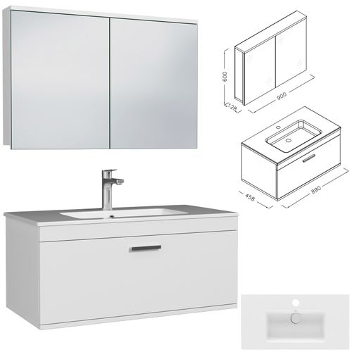 Meuble 1 Vasque Encastrée 90 Cm + Miroir Armoire 1 Tiroir Blanc Salle De Bain - Rubite