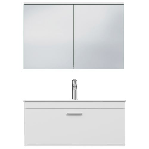 Meuble 1 Vasque Encastrée 90 Cm + Miroir Armoire 1 Tiroir Blanc Salle De Bain - Rubite
