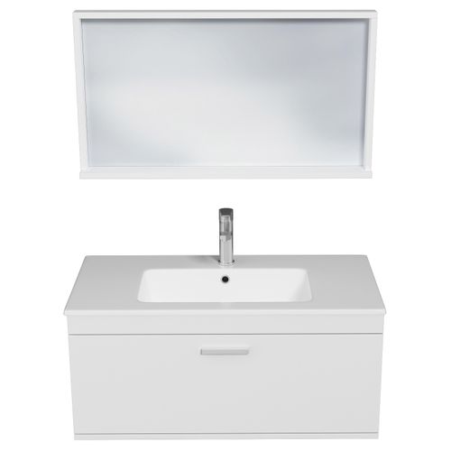 Meuble 1 Vasque Encastrée 90 Cm + Miroir Cadre 1 Tiroir Blanc Salle De Bain - Rubite