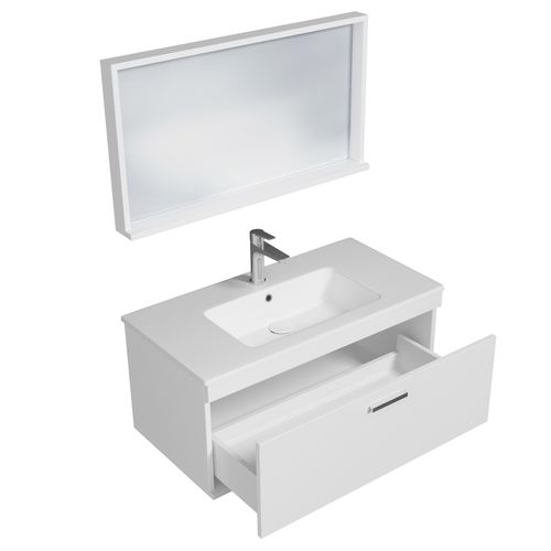 Meuble 1 Vasque Encastrée 90 Cm + Miroir Cadre 1 Tiroir Blanc Salle De Bain - Rubite