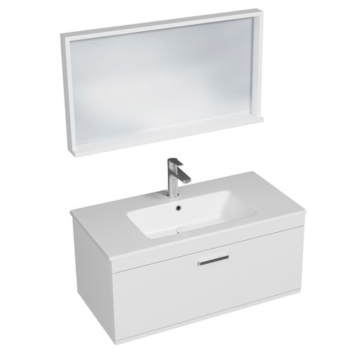 Meuble 1 Vasque Encastrée 90 Cm + Miroir Cadre 1 Tiroir Blanc Salle De Bain - Rubite
