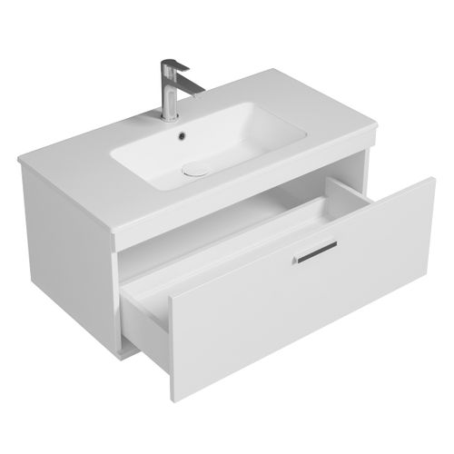 Meuble 1 Vasque Encastrée 90 Cm 1 Tiroir Blanc Salle De Bain - Rubite