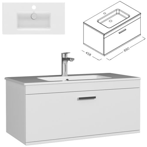 Meuble 1 Vasque Encastrée 90 Cm 1 Tiroir Blanc Salle De Bain - Rubite