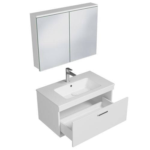 Meuble 1 Vasque Encastrée 80 Cm + Miroir Armoire 1 Tiroir Blanc Salle De Bain - Rubite