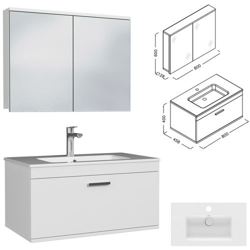 Meuble 1 Vasque Encastrée 80 Cm + Miroir Armoire 1 Tiroir Blanc Salle De Bain - Rubite