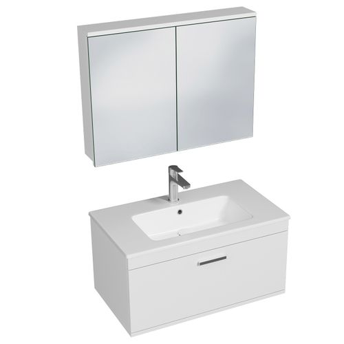Meuble 1 Vasque Encastrée 80 Cm + Miroir Armoire 1 Tiroir Blanc Salle De Bain - Rubite