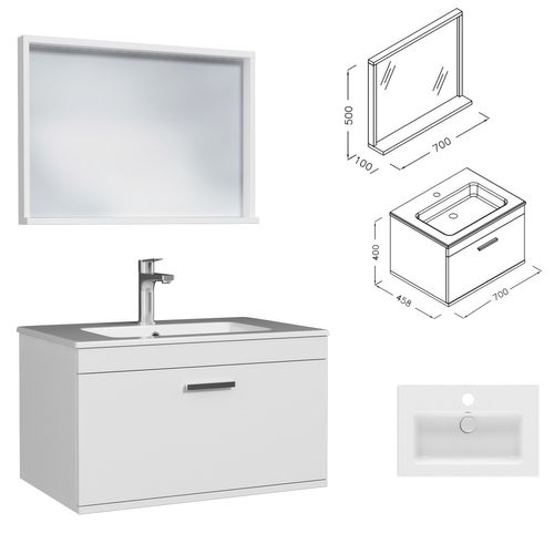 Meuble 1 Vasque Encastrée 70 Cm + Miroir Cadre 1 Tiroir Blanc Salle De Bain - Rubite