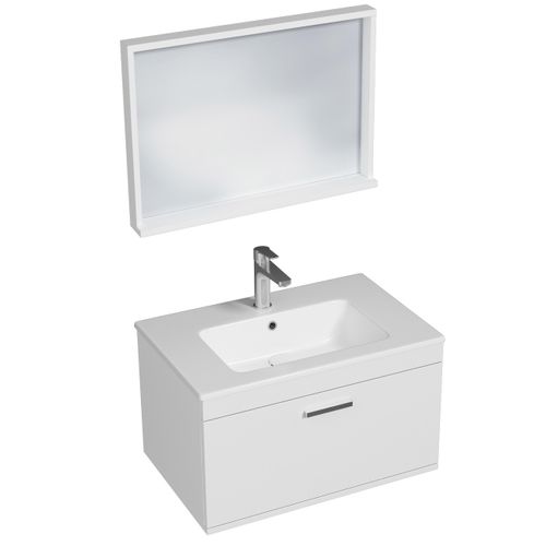 Meuble 1 Vasque Encastrée 70 Cm + Miroir Cadre 1 Tiroir Blanc Salle De Bain - Rubite