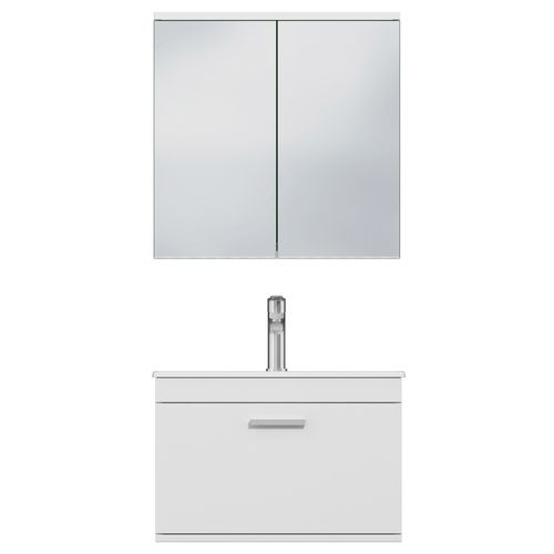 Meuble 1 Vasque Encastrée 60 Cm + Miroir Armoire 1 Tiroir Blanc Salle De Bain - Rubite