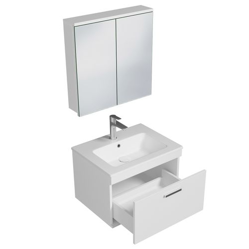 Meuble 1 Vasque Encastrée 60 Cm + Miroir Armoire 1 Tiroir Blanc Salle De Bain - Rubite