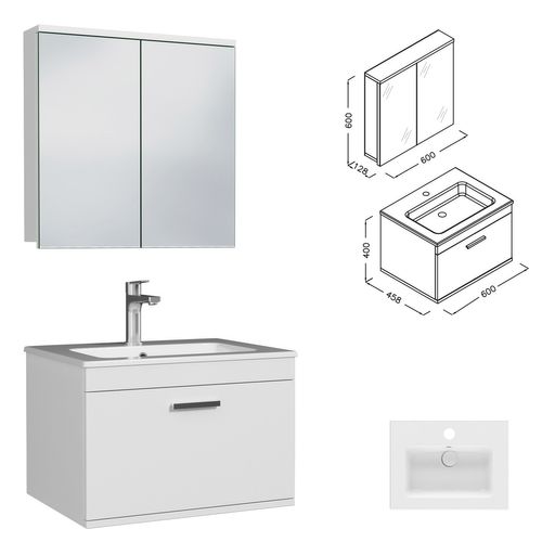 Meuble 1 Vasque Encastrée 60 Cm + Miroir Armoire 1 Tiroir Blanc Salle De Bain - Rubite