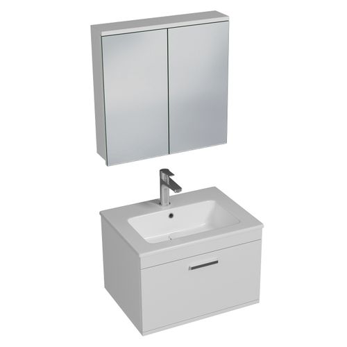 Meuble 1 Vasque Encastrée 60 Cm + Miroir Armoire 1 Tiroir Blanc Salle De Bain - Rubite